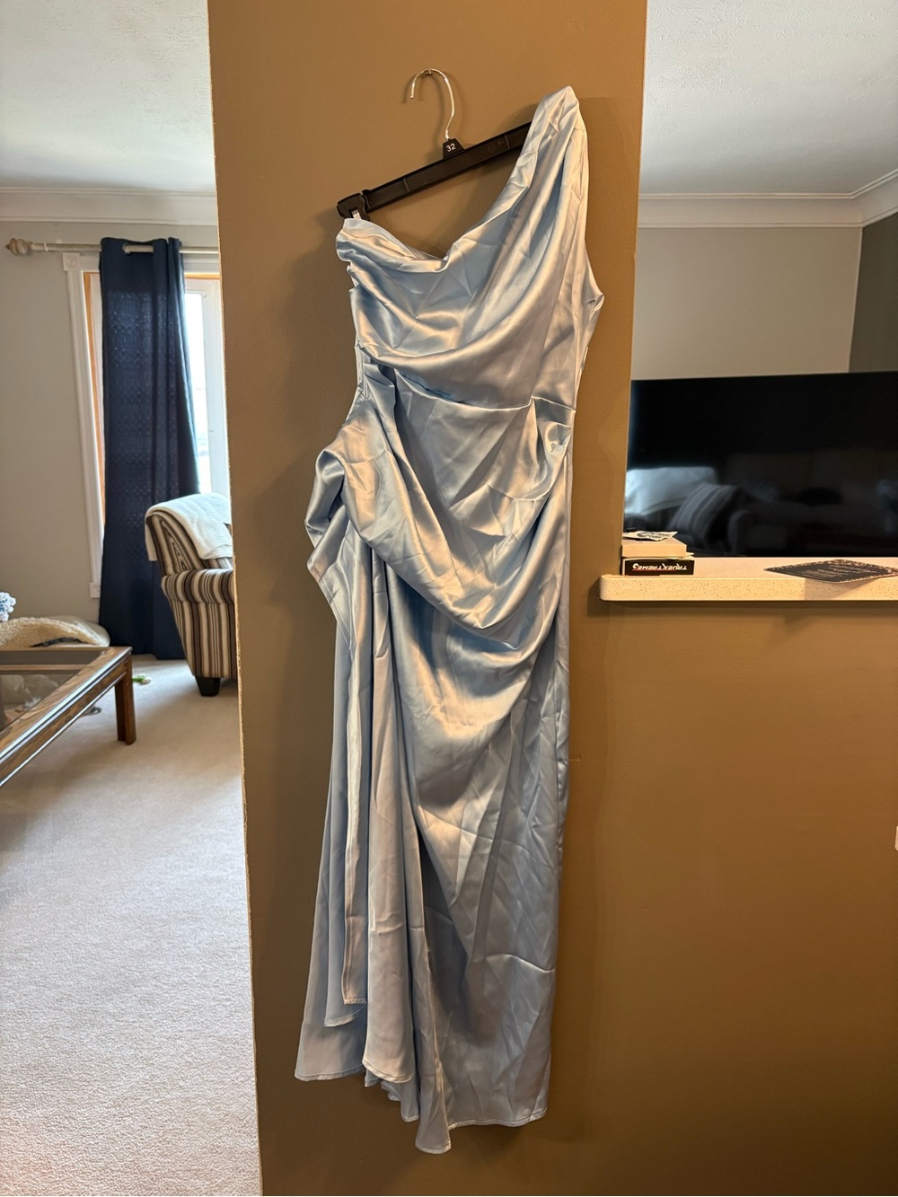Baby blue satin one shoulder dress - Picture 2 of 5